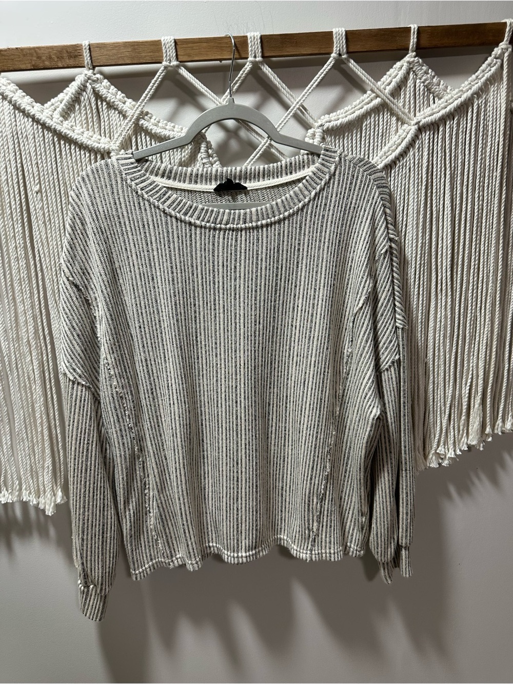 Blu Pepper Cream and Gray Striped Ribbed Long Sleeve Top
